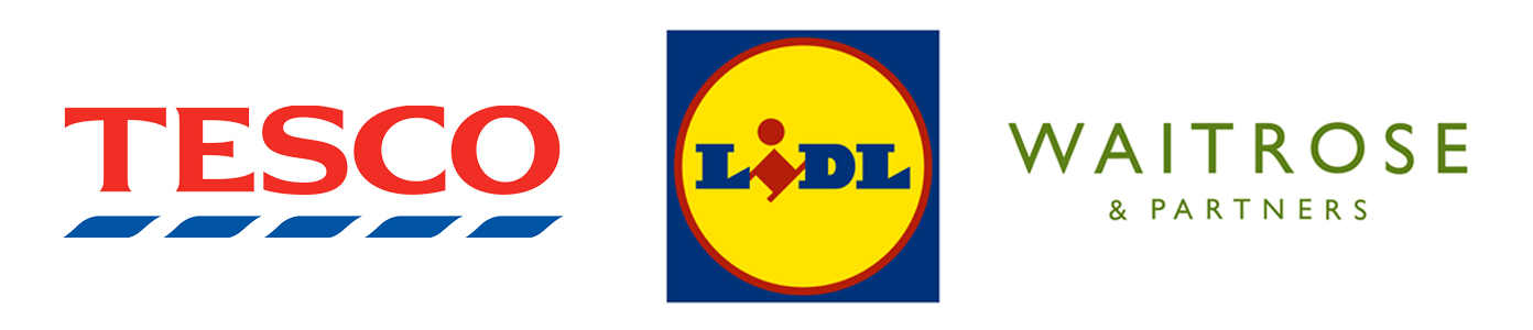Tesco logo, Lidl logo, Waitrose & Partners logo